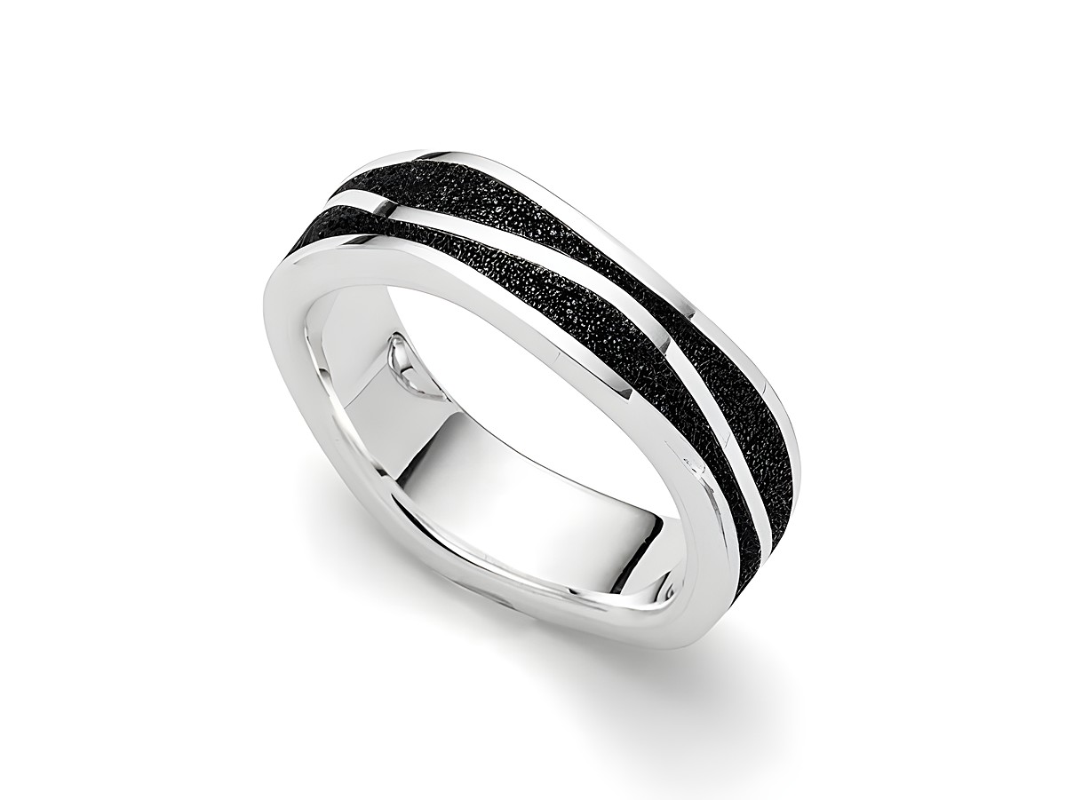 DUR Lavasand Ring Wellen in Sterling Silber Größe 60 mit einer eleganten, geschwärzten Oberfläche und feinen Metallstreifen, ideal für moderne Schmuckliebhaber.