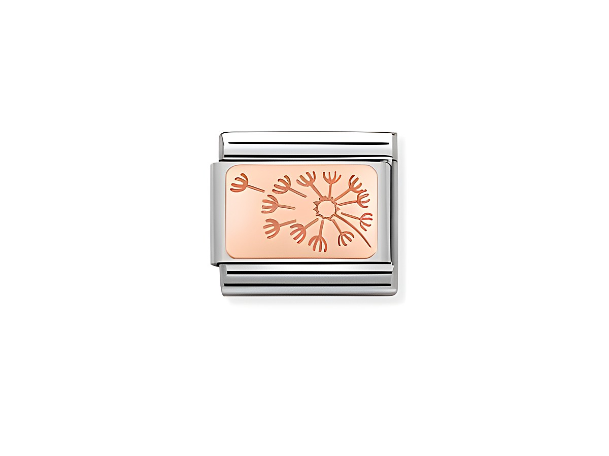 Roségoldener Charm von Nomination mit einem eingravierten Löwenzahn Pusteblume Design, der elegant in einem klassischen Rahmen präsentiert wird, Modell Classic 430101 48.