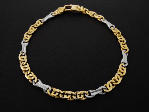Armband aus Stäbchenpanzer in Gold 750 bicolor, Größe 18,5 cm, gefertigt von Juwelier Harnisch, kombiniert elegantes Design mit hochwertigem Gold 333.