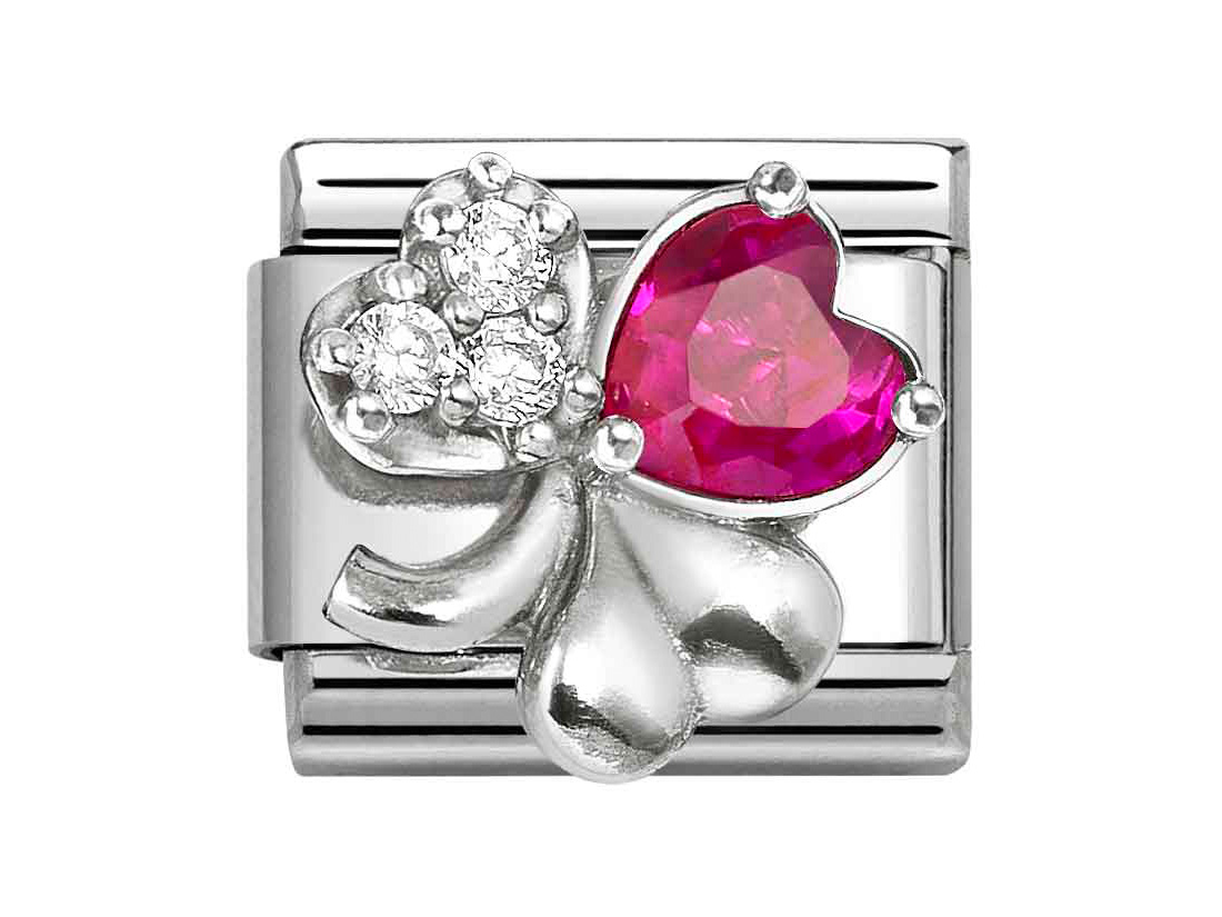 Classic Sterling Silber Charm in Form eines Kleeblatts mit roten und weißen Zirkonia-Steinen, hergestellt von Pandora, neu in der Kollektion.