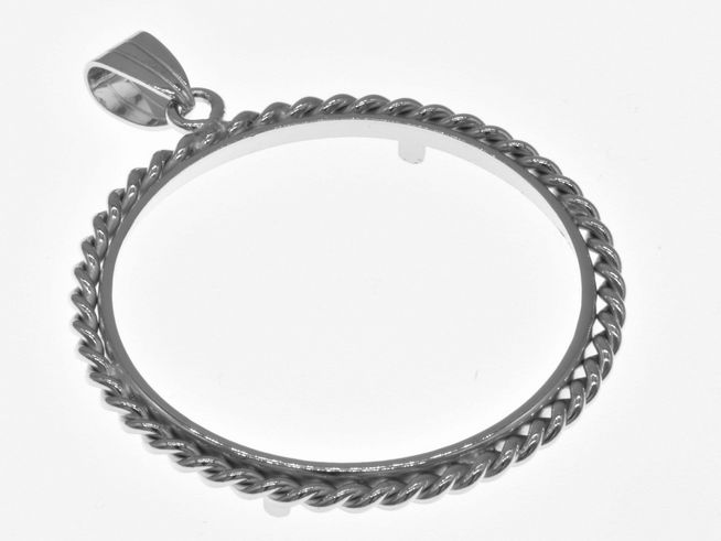Münzfassung Anhänger aus rhodiniertem 925 Sterling Silber mit Kordelmotiv, geeignet für Münzen bis 34 mm Durchmesser, hergestellt von Juwelier Harnisch. Ideal für bis zu 3,5 cm Münzen.