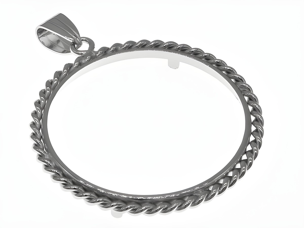 Münzfassung Anhänger aus rhodiniertem 925 Sterling Silber mit Kordelmotiv, geeignet für Münzen bis 34 mm Durchmesser, hergestellt von Juwelier Harnisch. Ideal für bis zu 3,5 cm Münzen.