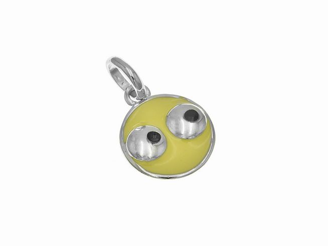 Ein Anhänger aus Sterling Silber mit einem polierten, rhodinierten Finish, der ein gelbes Gesicht mit großen schwarzen Augen zeigt, ideal für Kinder, hergestellt von Juwelier Harnisch.