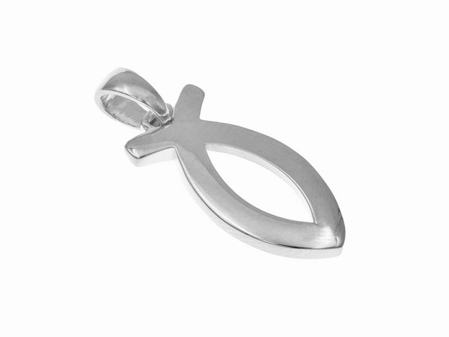 Anhänger in Form des Ichthys, aus rhodiniertem Sterling Silber, mit klaren Linien und glänzender Oberfläche, religiöses Symbol für den christlichen Glauben, hergestellt von Juwelier Harnisch.
