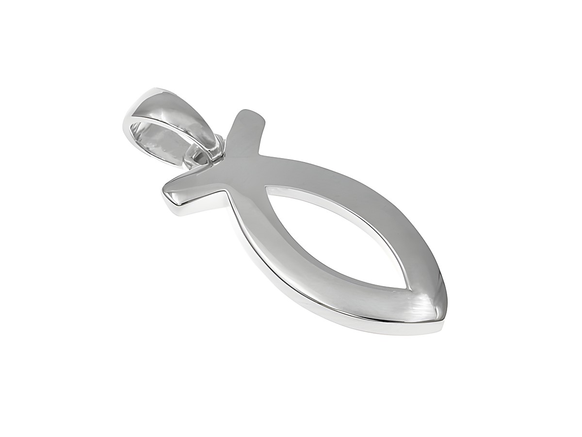 Anhänger in Form des Ichthys, aus rhodiniertem Sterling Silber, mit klaren Linien und glänzender Oberfläche, religiöses Symbol für den christlichen Glauben, hergestellt von Juwelier Harnisch.