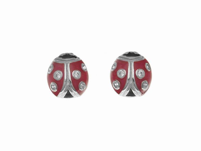 Ohrstecker aus Sterling Silber in Marienkäfer-Form, poliert und rhodiniert. Mit Zirkonia und pink-schwarzem Lack, ideal für Kinder, Hersteller Juwelier Harnisch.