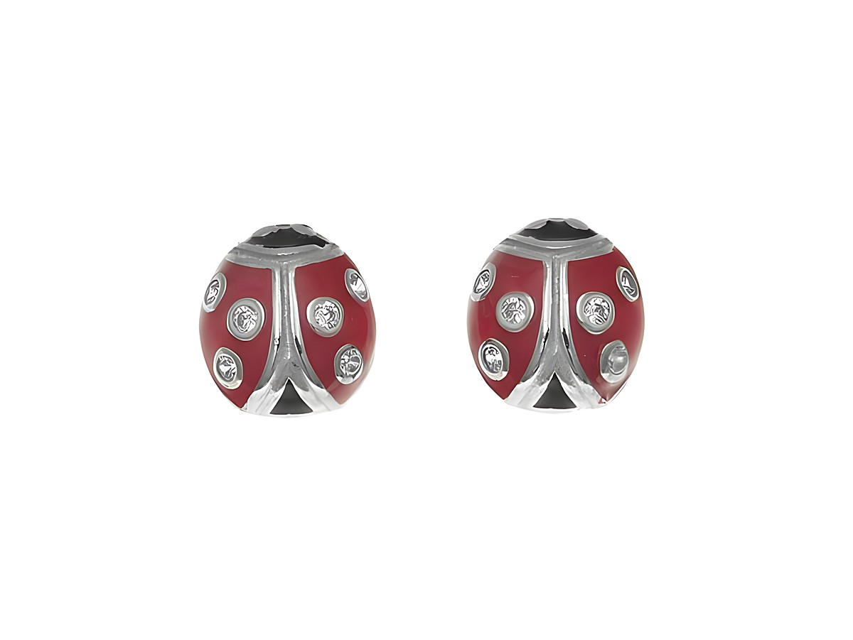 Ohrstecker aus Sterling Silber in Marienkäfer-Form, poliert und rhodiniert. Mit Zirkonia und pink-schwarzem Lack, ideal für Kinder, Hersteller Juwelier Harnisch.
