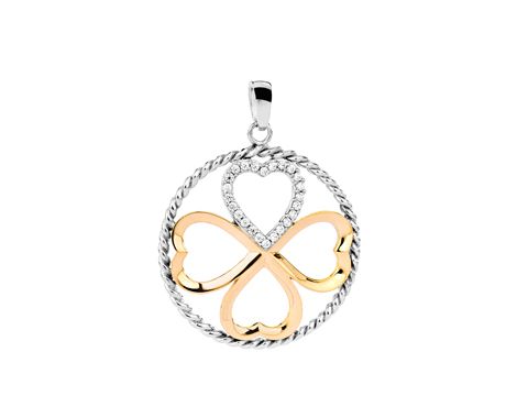 Glückskleeblatt Anhänger aus rhodiniertem Silber und bicolor Akzenten, verziert mit weißen Zirkonia, hergestellt von Juwelier Harnisch, ideal als Glücksbringer.