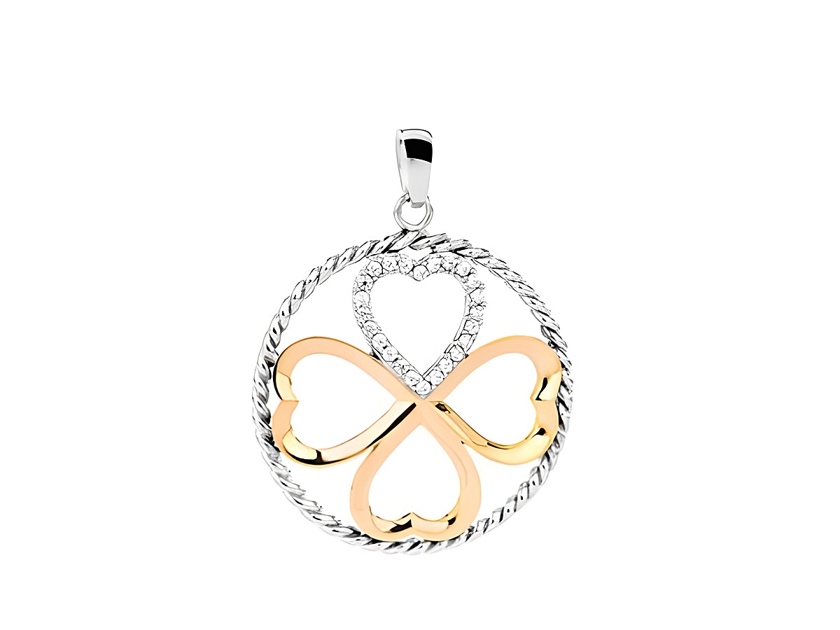 Glückskleeblatt Anhänger aus rhodiniertem Silber und bicolor Akzenten, verziert mit weißen Zirkonia, hergestellt von Juwelier Harnisch, ideal als Glücksbringer.
