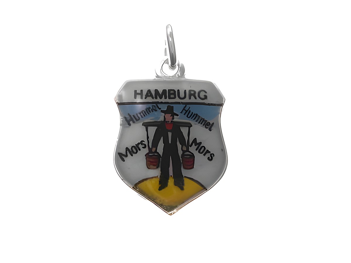 Hummel Hummel Hamburg Wappen Silber Anhänger mit buntem Motiv, dargestellt sind ein Mann mit Eimern und der Schriftzug Hamburg, Hersteller Juwelier Harnisch Hamburg.