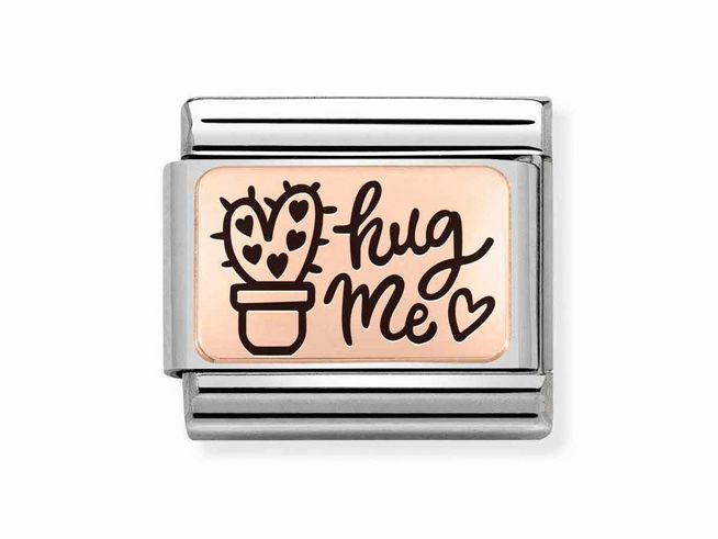 Platte aus Edelstahl und Roségold mit dem Schriftzug hug Me und einer Illustration eines Kaktus mit Herzmotiven, geeignet für Armbänder von Nomination.