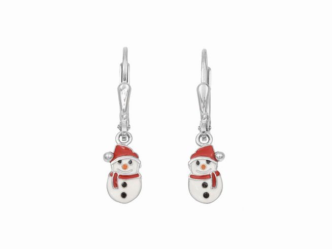 Ohrhänger in Form von Schneemännern aus poliertem rhodiniertem Sterling Silber mit weißen, roten und orangefarbenen Lackelementen, ideal für Kinder, Hersteller Juwelier Harnisch.