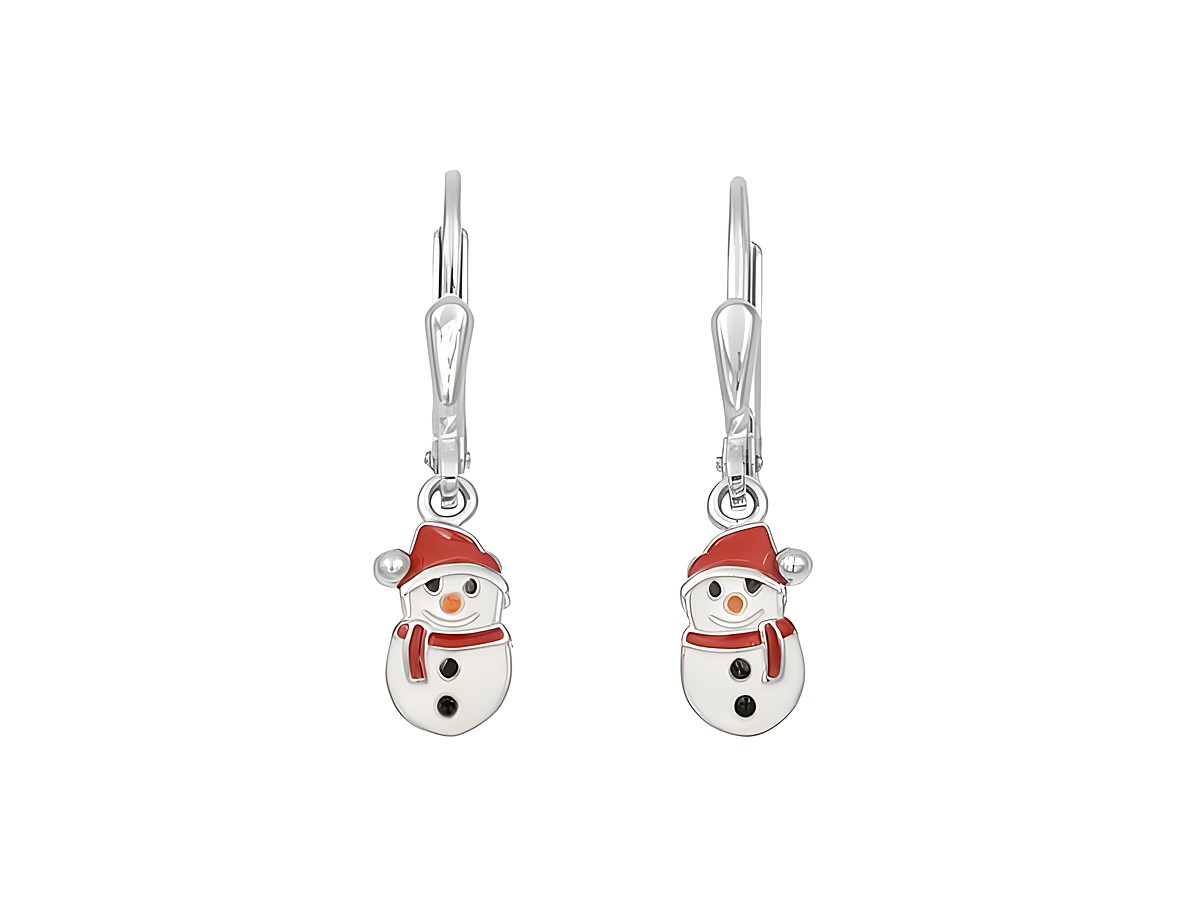 Ohrhänger in Form von Schneemännern aus poliertem rhodiniertem Sterling Silber mit weißen, roten und orangefarbenen Lackelementen, ideal für Kinder, Hersteller Juwelier Harnisch.