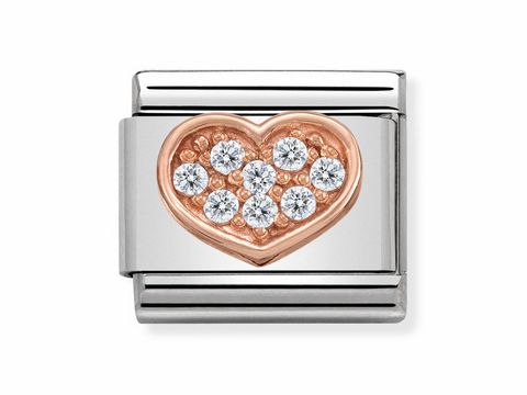 Herz aus Edelstahl und Roségold mit funkelnden Steinen für das Nomination Composable Classic Armband, stilvolles Schmuckstück für besondere Anlässe.