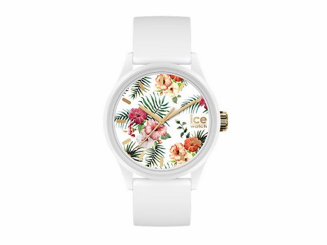 Weiße Armbanduhr von Ice-Watch im floralen Design mit bunten Blumen und grünen Blättern auf dem Ziffernblatt, kombiniert mit einem weißen Silikonarmband, Modell ICE solar power - Legend - Medium - 020598.