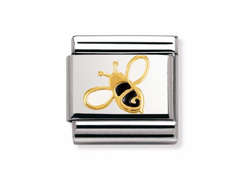 Emaillierter Nomination Classic Charm mit einer Biene in gold und schwarz, auf glänzendem Silber Hintergrund, ideal für individuell gestaltete Armbänder.