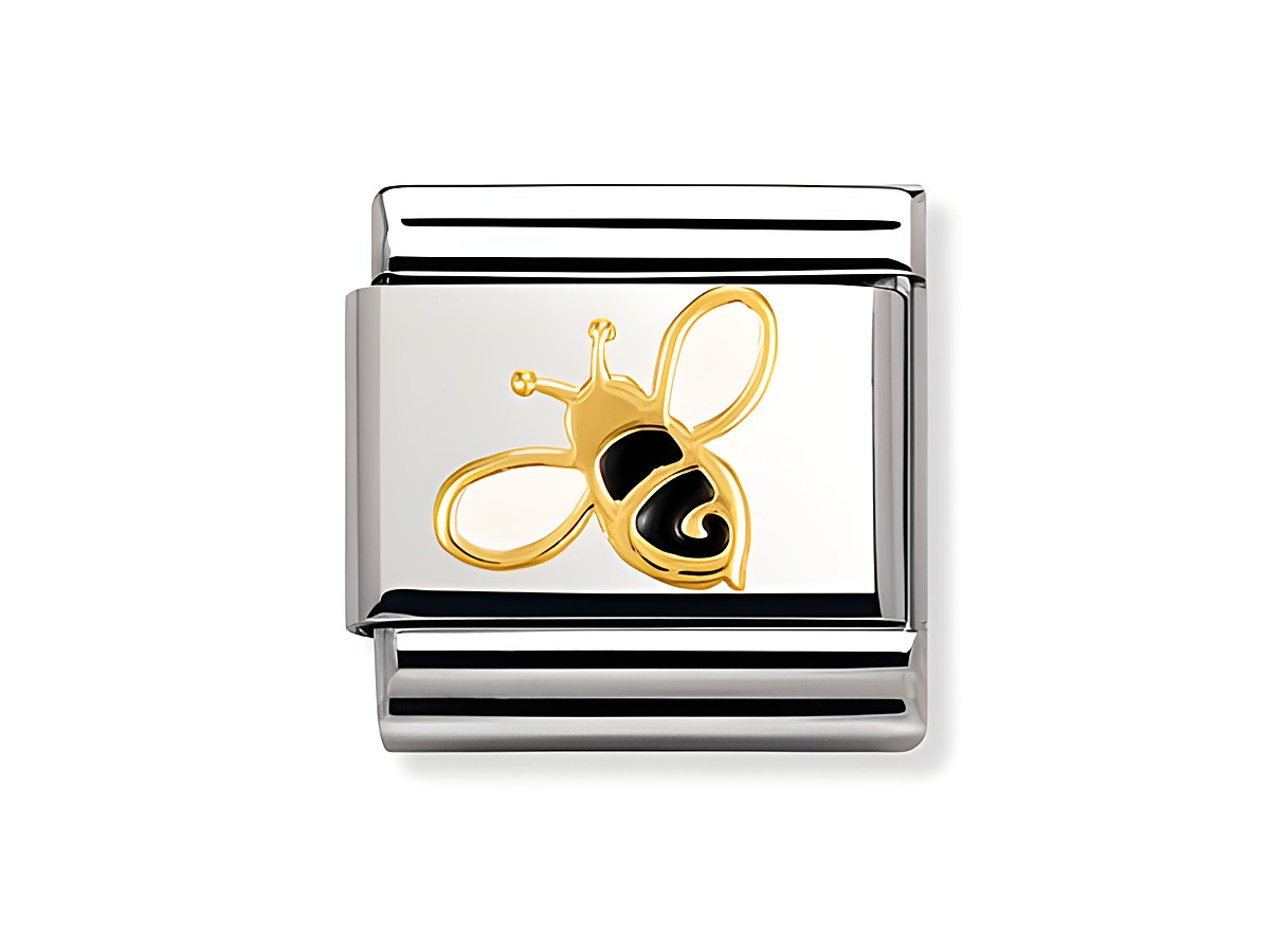 Emaillierter Nomination Classic Charm mit einer Biene in gold und schwarz, auf glänzendem Silber Hintergrund, ideal für individuell gestaltete Armbänder.
