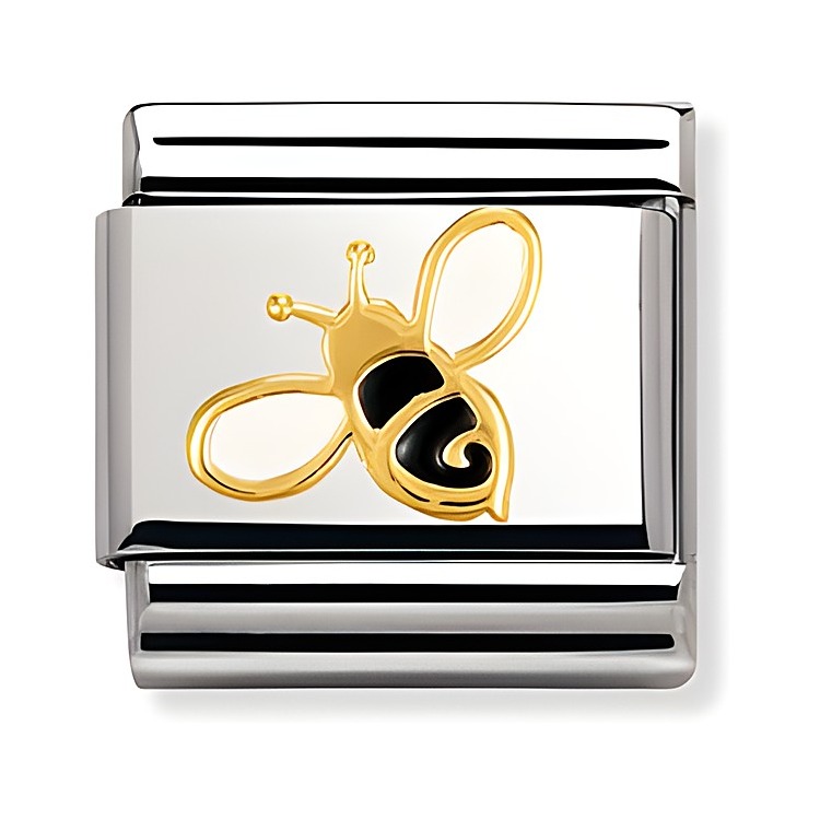 Emaillierter Nomination Classic Charm mit einer Biene in gold und schwarz, auf glänzendem Silber Hintergrund, ideal für individuell gestaltete Armbänder.
