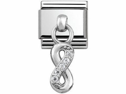 Edelstahl Charm von Nomination mit dem Motiv einer unendlichen Schleife, verziert mit kleinen, funkelnden Steinen, geeignet für Armbänder und Schmuckdesign.