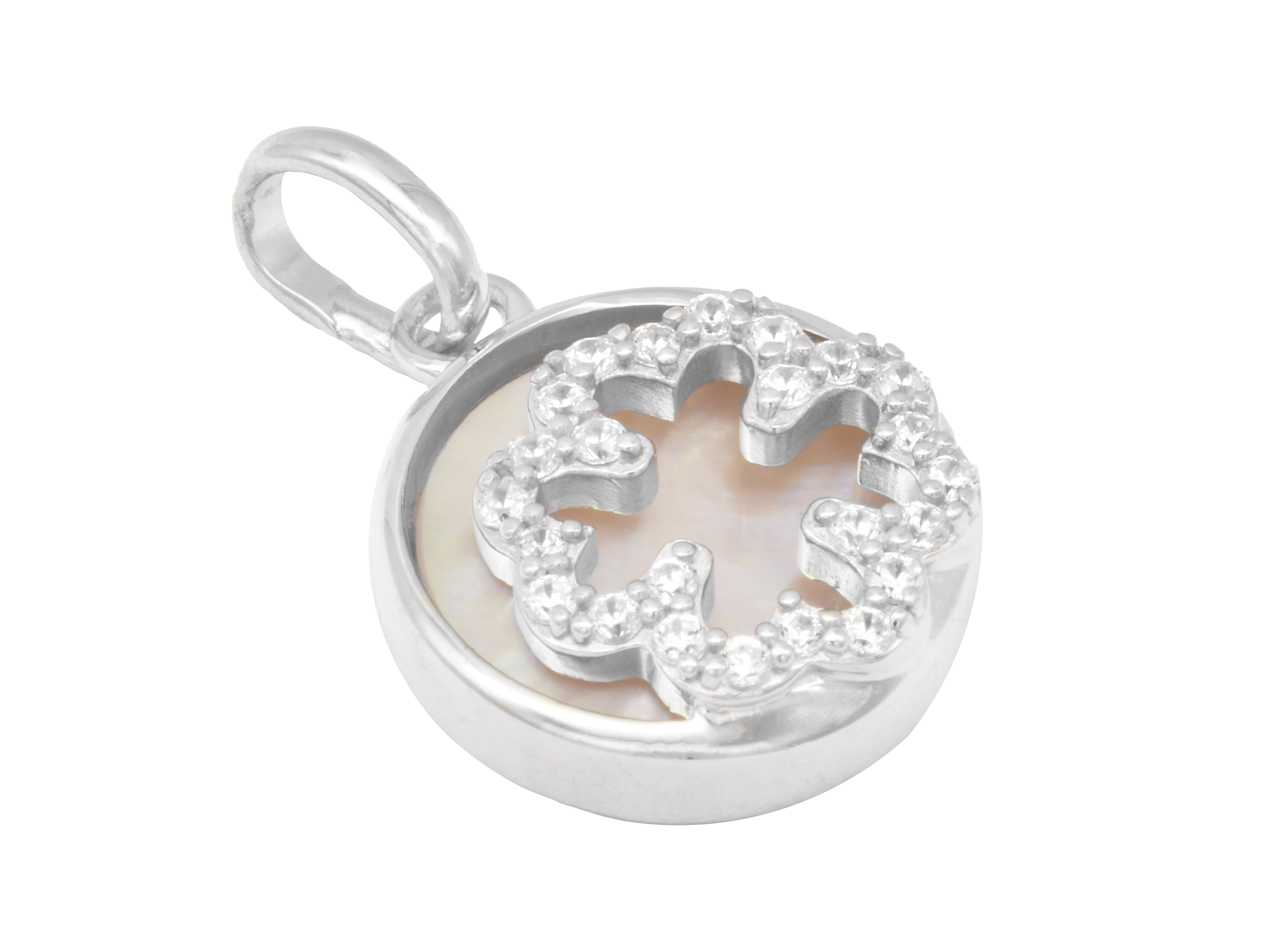 Kleeblatt Anhänger aus rhodiniertem Sterling Silber, poliert, mit Perlmutt und Zirkonia in Weiß und Rosa, hergestellt von Juwelier Harnisch, als Glücksbringer.