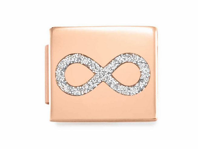 Charm von Nomination in Roségold mit Emaille, durchzogen von einem Infinity-Symbol aus funkelnden Steinen, ideal für Schmuckliebhaber.