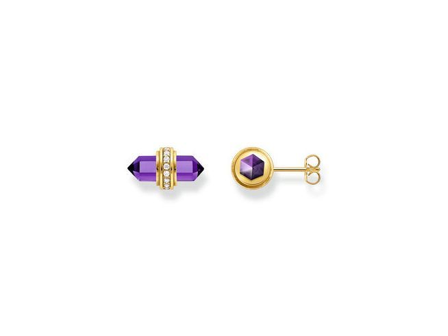 Ohrstecker von Thomas Sabo mit imitiertem Amethyst in Violet, umgeben von Zirkonia, silbergelbgold vergoldet, stilvolles Design für elegante Akzente.
