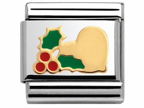 Bicolor Herz mit Stechpalme und roten Beeren auf einem silbernen Hintergrund, designed von Nomination für Weihnachten. Ideal als festliches Schmuckstück.