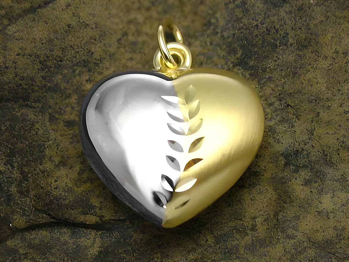 Herzanänger aus Gold und Silber in bicolor mit plastischer Ranke, Hersteller Juwelier Harnisch, ideal als Schmuckstück für besondere Anlässe.