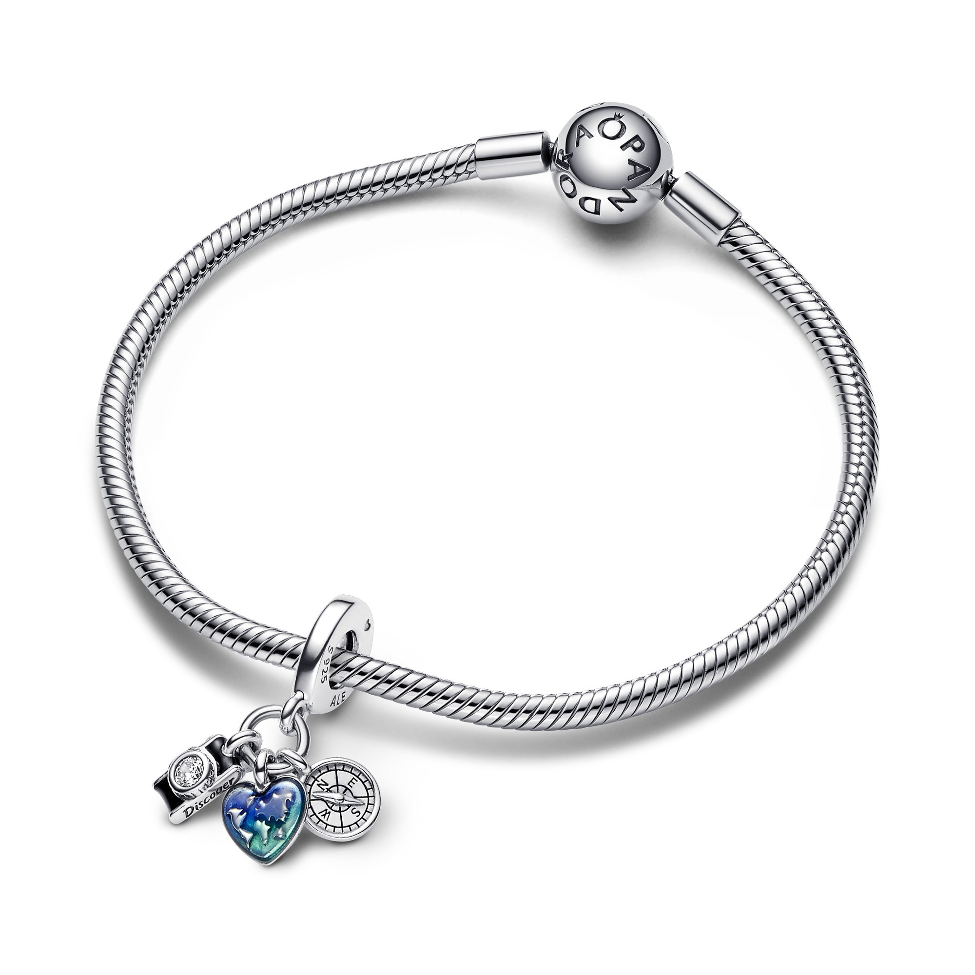 Pandora Kamera Herz & Kompass Dreifacher Charm-Anhänger - Sterling Silber Ansicht 3 – Ansicht 3