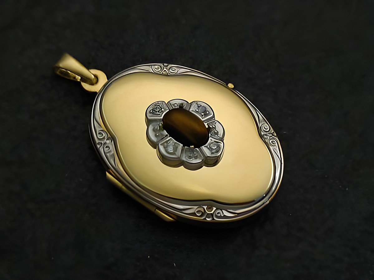 Tigerauge Medaillon Cabochon in Gold 585 bicolor, mit filigranem Design und edler Umrandung, Hersteller Juwelier Harnisch, ideal als Schmuckstück oder Geschenk.