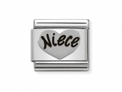 433010116-0 Ein silbernes Armbandglied von Nomination mit oxidierten Symbolen, das das Wort "Niece" in einer herzförmigen Schrift darstellt, ideal für eine persönliche Geschenkidee.