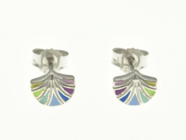 Muschel Ohrstecker aus rhodiniertem Sterling Silber mit bunten Regenbogenfarben, ideal für Kinder, hergestellt von Juwelier Harnisch.