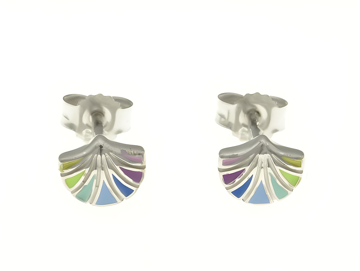 Muschel Ohrstecker aus rhodiniertem Sterling Silber mit bunten Regenbogenfarben, ideal für Kinder, hergestellt von Juwelier Harnisch.
