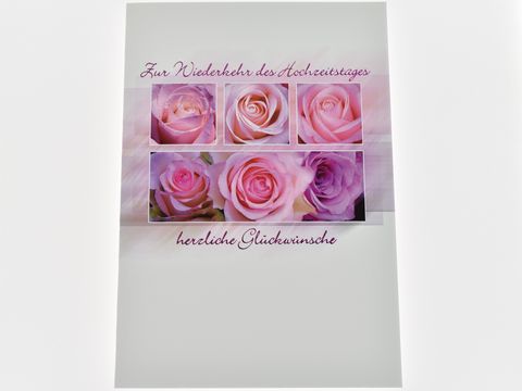 Hochzeitskarte mit rosafarbenen Rosenblüten, Hersteller Juwelier Harnisch, zur Erinnerung an den Hochzeitstag, mit Glückwünschen. Ein elegantes und romantisches Design.