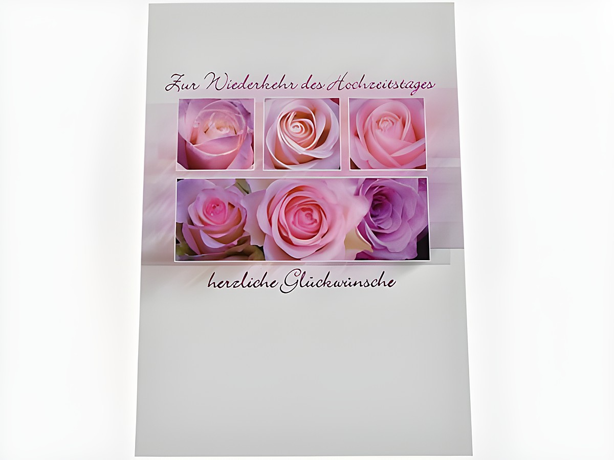 Hochzeitskarte mit rosafarbenen Rosenblüten, Hersteller Juwelier Harnisch, zur Erinnerung an den Hochzeitstag, mit Glückwünschen. Ein elegantes und romantisches Design.