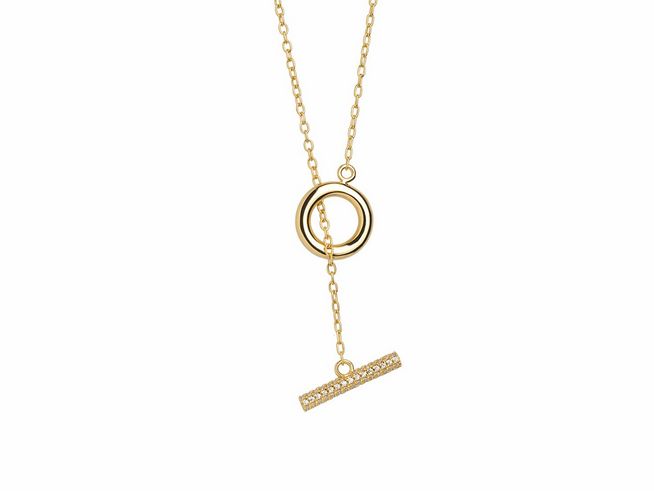 Xenox Sterling Silber Kette XS2283G - 45 cm - SUNRISE - in Gelbgold Vergoldung mit Kareekette, präsentiert einen eleganten Anhänger aus einem Ring und einem dekorativen Balken.