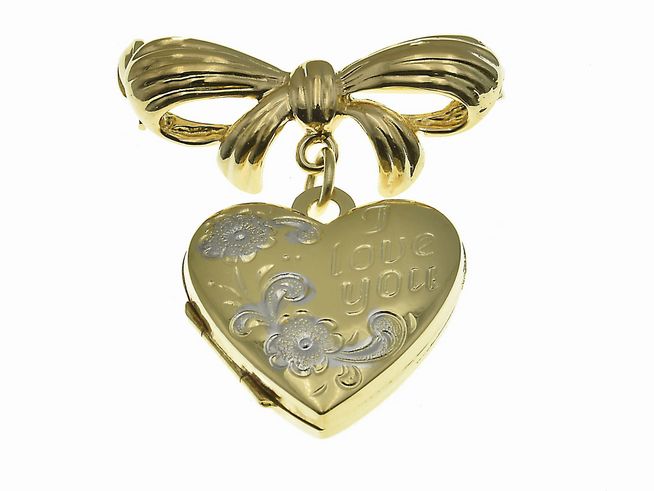 Medaillon Brosche Gold 750 mit Blumenmuster Bicolor in Herzform und der Gravur I love you, verziert mit einer Schleife, Hersteller Juwelier Harnisch, 18K.