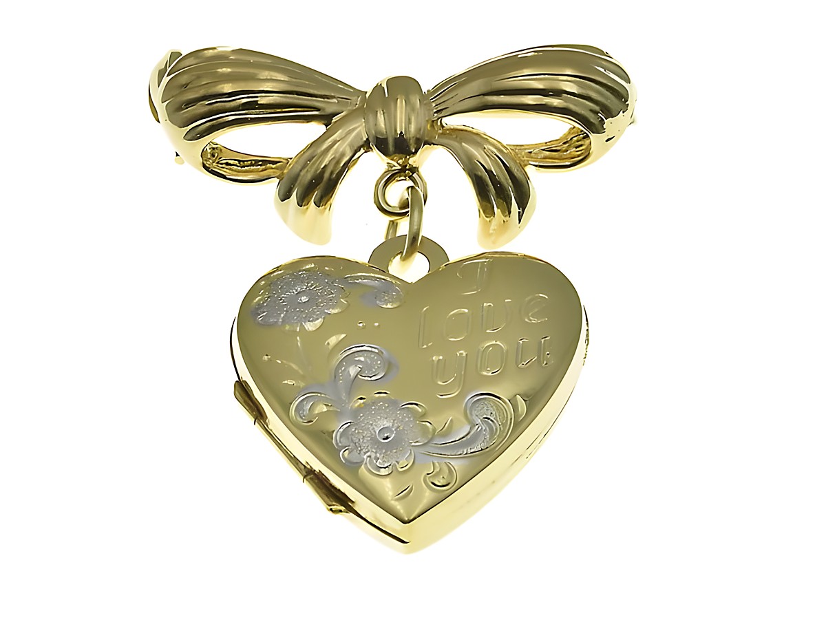 Medaillon Brosche Gold 750 mit Blumenmuster Bicolor in Herzform und der Gravur I love you, verziert mit einer Schleife, Hersteller Juwelier Harnisch, 18K.