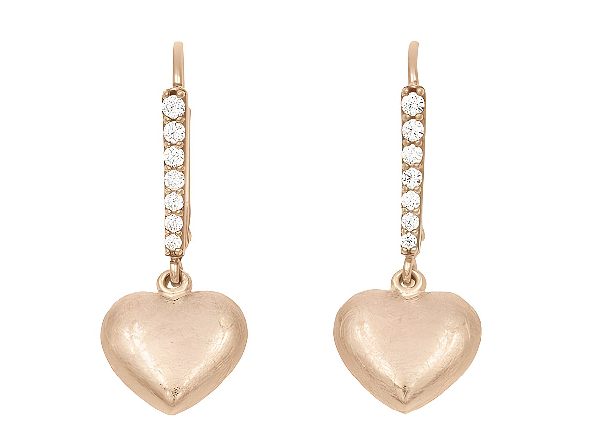 Ohrhänger in Herzform aus vergoldetem Roségold, eismattiert, mit Zirkonia in Weiß, Hersteller Juwelier Harnisch, elegantes Design für besondere Anlässe.