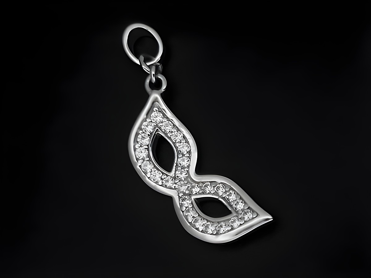 Karneval Maske Anhänger aus 925 Sterling Silber, rhodiniert, mit weißen Zirkonia besetzt, symbolisches Design, Hersteller Juwelier Harnisch, diverses Motiv erhältlich.