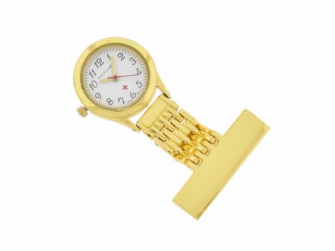 Krankenschwesteruhr in goldfarben mit weißem Ziffernblatt und roten Akzenten, Hersteller Juwelier Harnisch, ideal für den professionellen Einsatz im Gesundheitswesen.