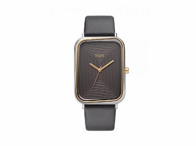 Damenuhr M&M M11947-858 Dancing Square mit rechteckigem Zifferblatt in Schwarz und goldfarbenen Akzenten, schwarzem Lederarmband und eleganten Zeigern. Perfekte Kombination aus Stil und Funktion.