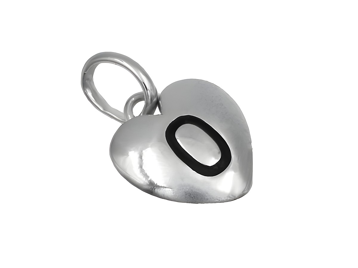 Herz-Anhänger 0 aus 925 Sterling Silber, poliert und rhodiniert, mit schwarzer Ziffer 0 in der Mitte, hergestellt von Juwelier Harnisch. Ideal für persönlichen Schmuck.
