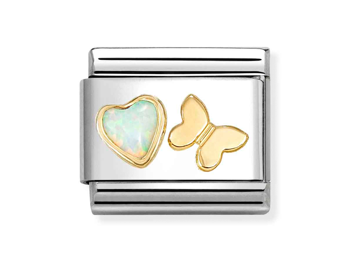 Nomination 030523 11 - CLASSIC Edelsteinherz in 750/- Gelbgold-Fassung - Schmetterling-Opal - weiß