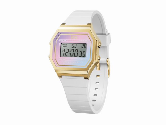 50441424-0 ICE digit retro sunset White Delight Small von Ice Watch zeigt eine digitale Uhr mit einem weißen Silikonarmband und einem goldfarbenen Gehäuse, ideal für jeden Anlass.