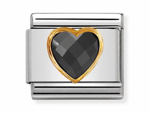 Schmuckelement aus Edelstahl mit einem facettierten, herzförmigen Zirkonia in Schwarz, umgeben von einer goldfarbenen Umrandung, für das Nomination Composable Classic System.