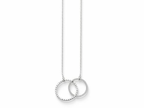 Die Thomas Sabo KE1490-051-14-L85v Kette zeigt zwei ineinandergreitende Ringe aus Silber, besetzt mit weißen Zirkonia, an einer feinen künstlerischen Kette in den Längen 80, 82,5 und 85 cm.