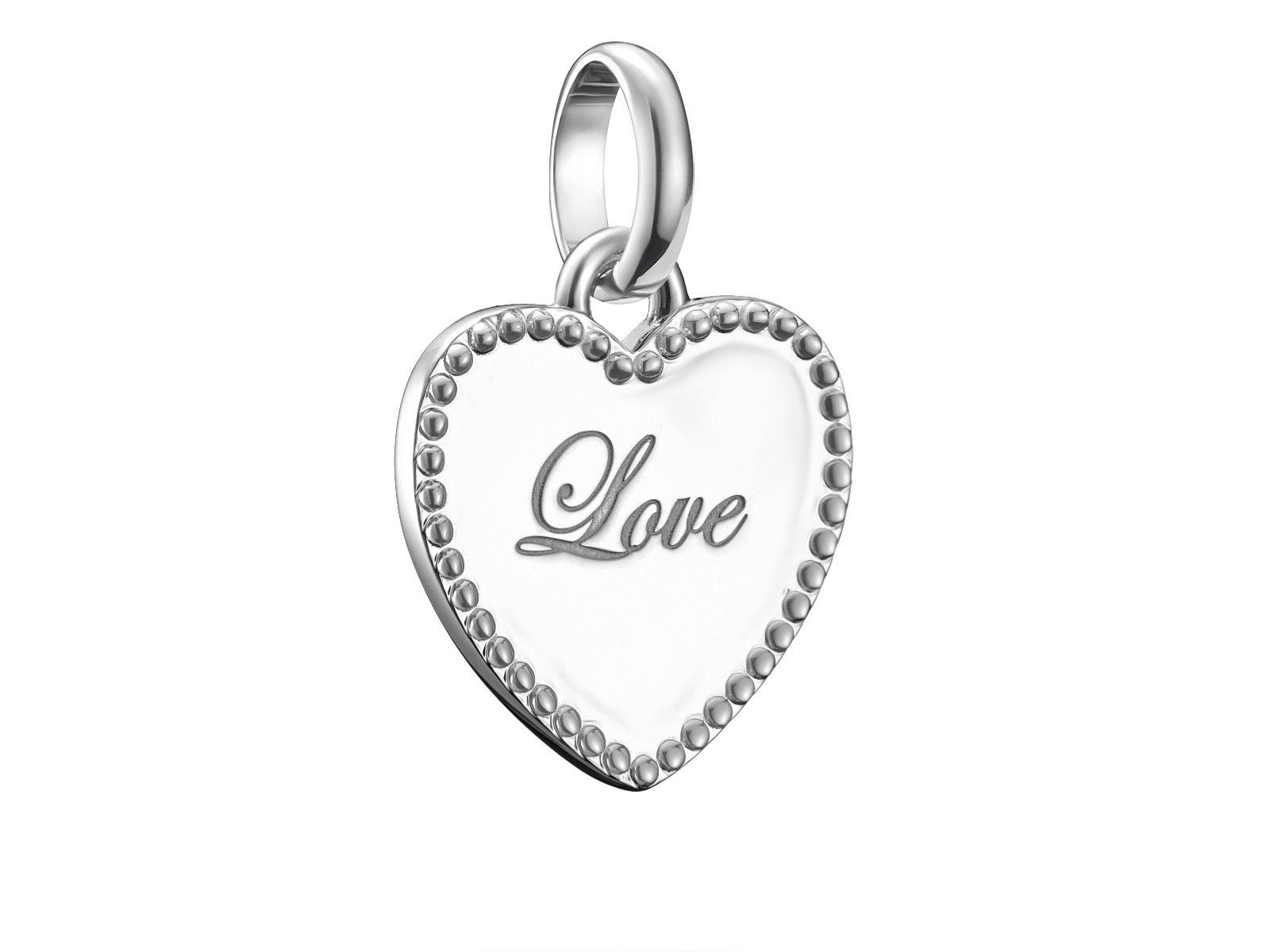 Silberner Herzcharme mit eingraviertem Wort Love, umrandet von einer Perlenstruktur, Teil der Thomas Sabo Charm Club CONNECT Kollektion.