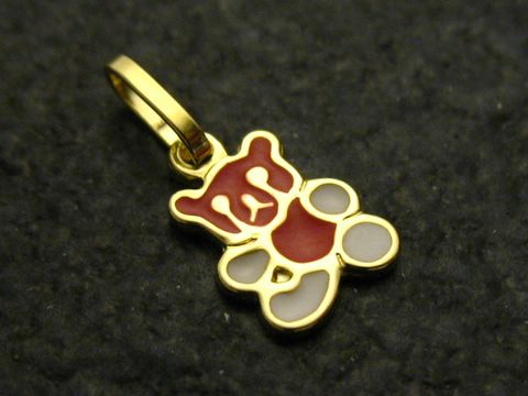Ein emaillierter goldener Teddy-Anhänger von Juwelier Harnisch, idealer Kinderschmuck in bunten Farben, zeigt einen fröhlichen Bären mit roten und grauen Akzenten.