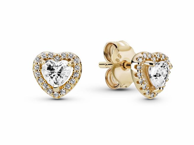 Goldene Ohrringe in Herzform von Pandora Gold 585 mit funkelndem Zirkonia, umgeben von einem glitzernden Kristallrand, elegant und romantisch gestaltet.